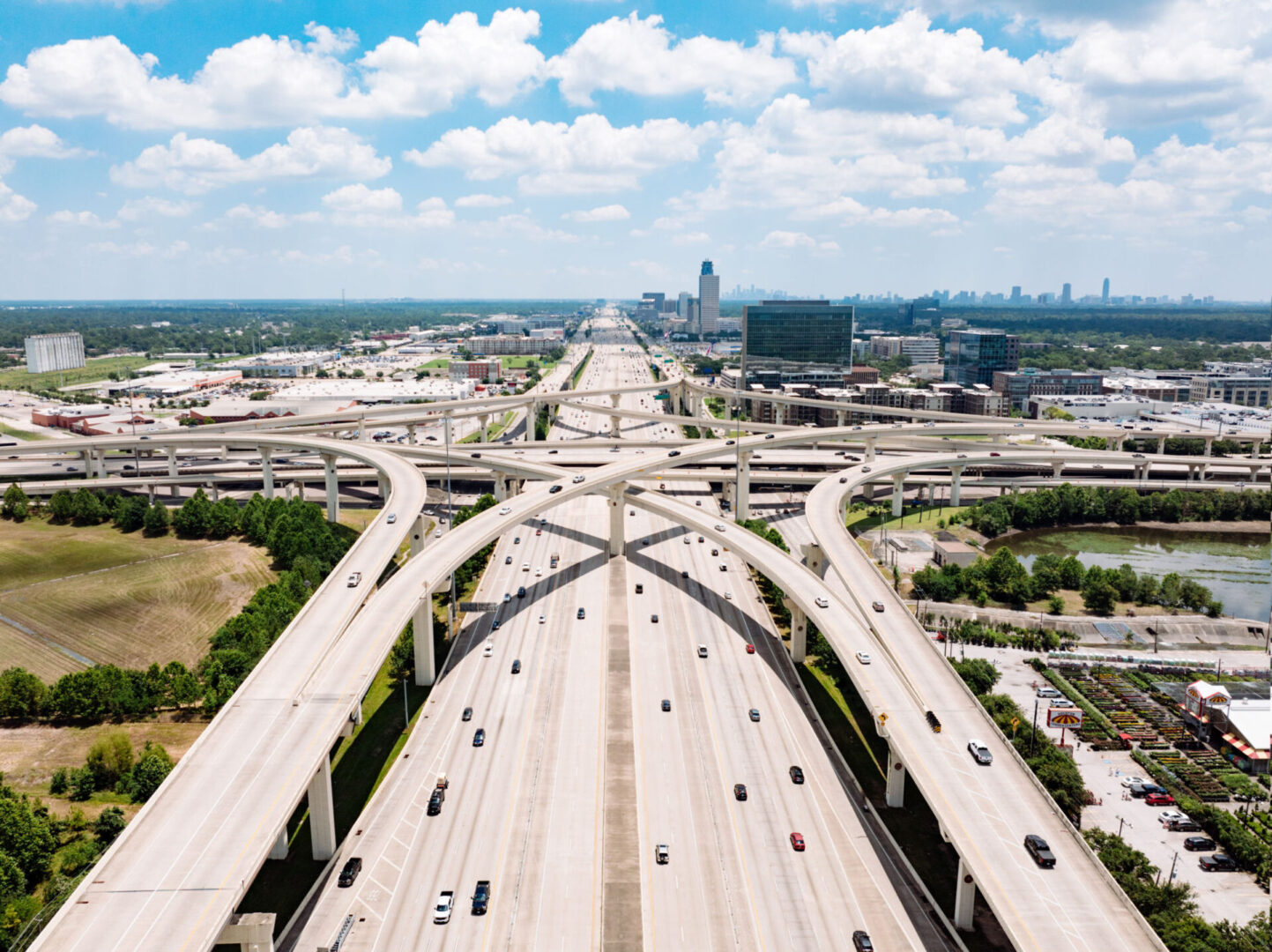 Aerial view of sprawling highway interchange.